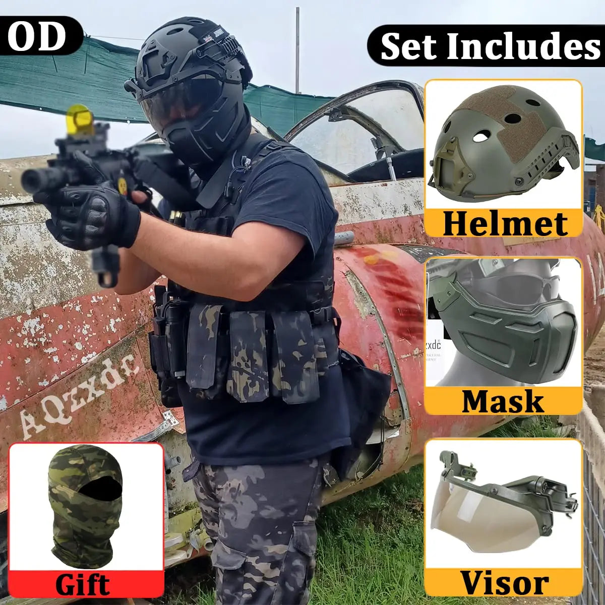 Fast Airsoft Paintball Helmet with Tactical Mask and Visor Set, Army Full Face Shooting Protective Gear, for Sports Hunting Game