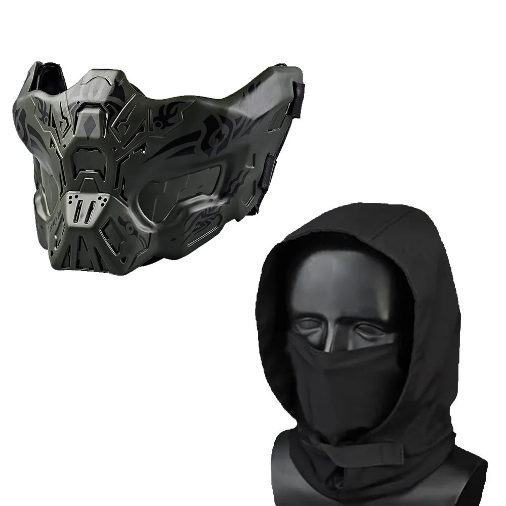 Tactical Hood Mask Set Airsoft Half Face Ghost Masks Night Balaclava Face Mask for Halloween Cosplay Paintball CS Games Gear