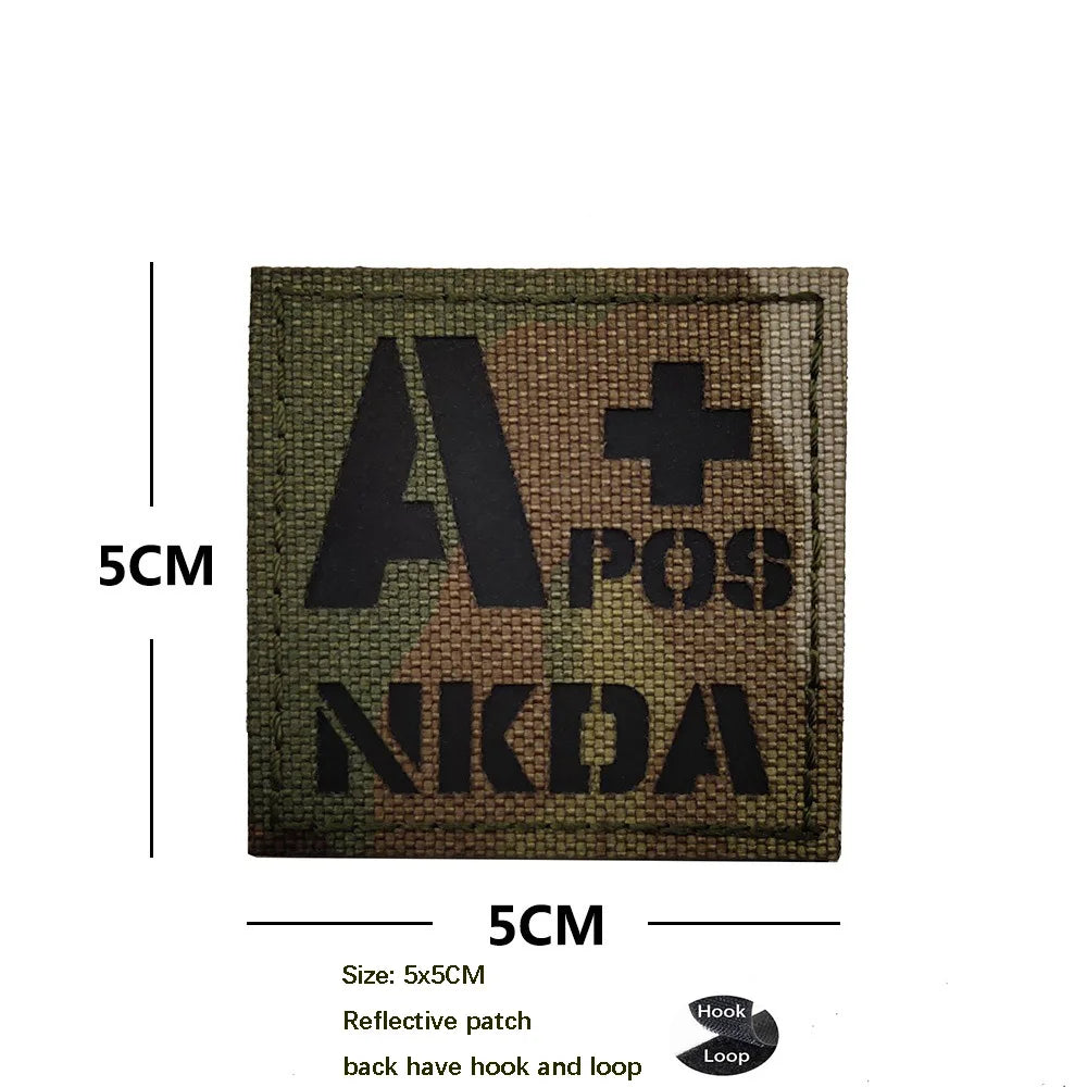 CP Camouflage Laser Cutting Reflective Blood Type Badge, 5 Pieces A Tactical Blood Type Set, Luminous Patch A-NEG Backpack Patch