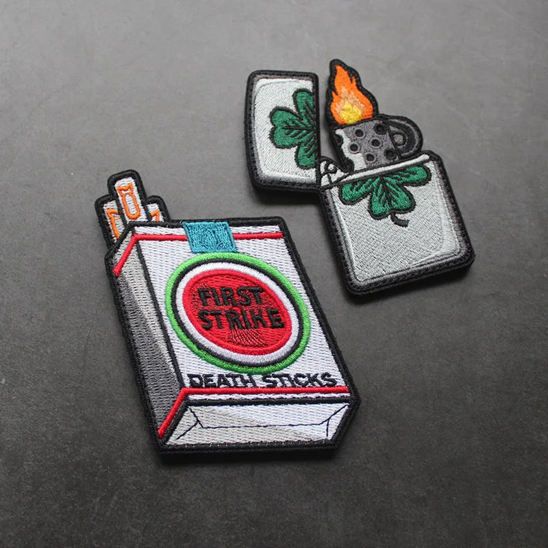 Creative Lighter Cigarette Case Embroidery Patches First Strike Death Sticks Lucky Grass Tactical Badge For Clothes Bag Applique