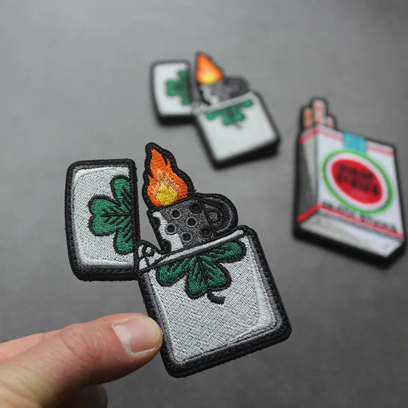 Creative Lighter Cigarette Case Embroidery Patches First Strike Death Sticks Lucky Grass Tactical Badge For Clothes Bag Applique