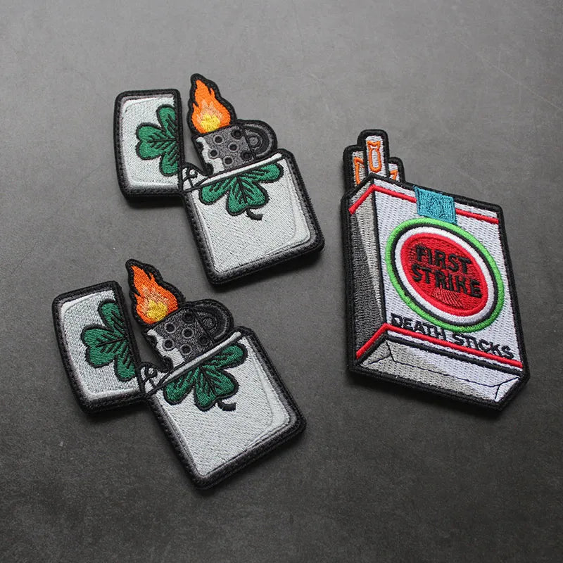 Creative Lighter Cigarette Case Embroidery Patches First Strike Death Sticks Lucky Grass Tactical Badge For Clothes Bag Applique