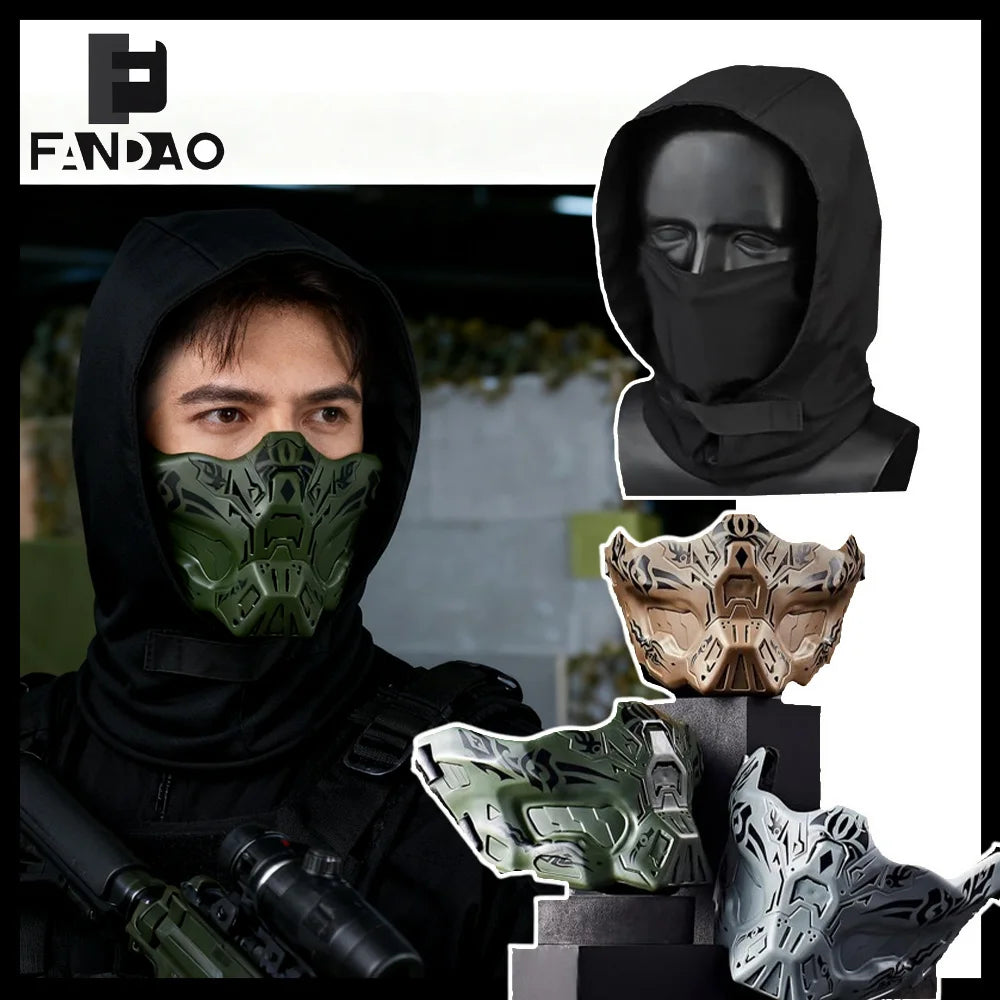 Tactical Hood Mask Set Airsoft Half Face Ghost Masks Night Balaclava Face Mask for Halloween Cosplay Paintball CS Games Gear