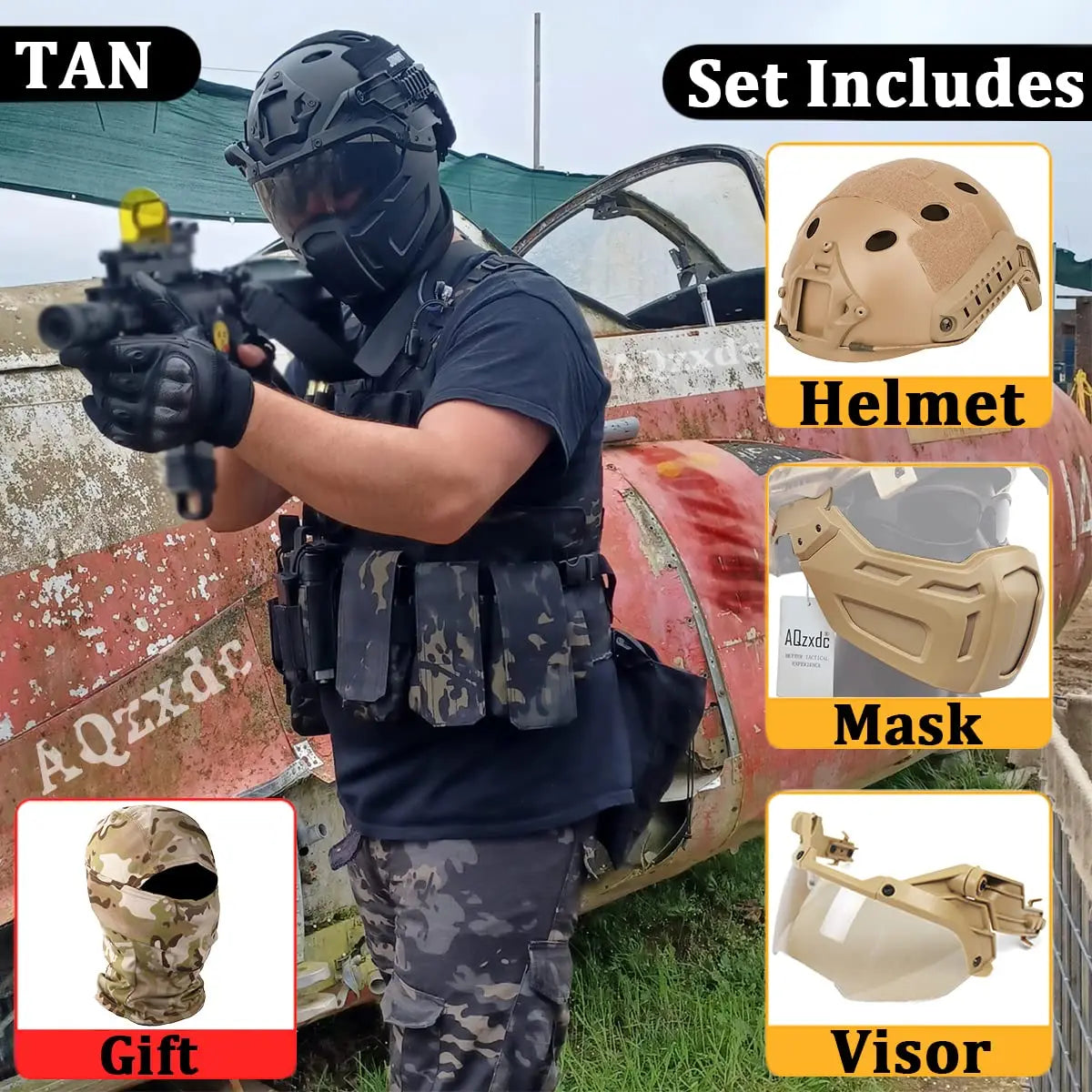 Fast Airsoft Paintball Helmet with Tactical Mask and Visor Set, Army Full Face Shooting Protective Gear, for Sports Hunting Game