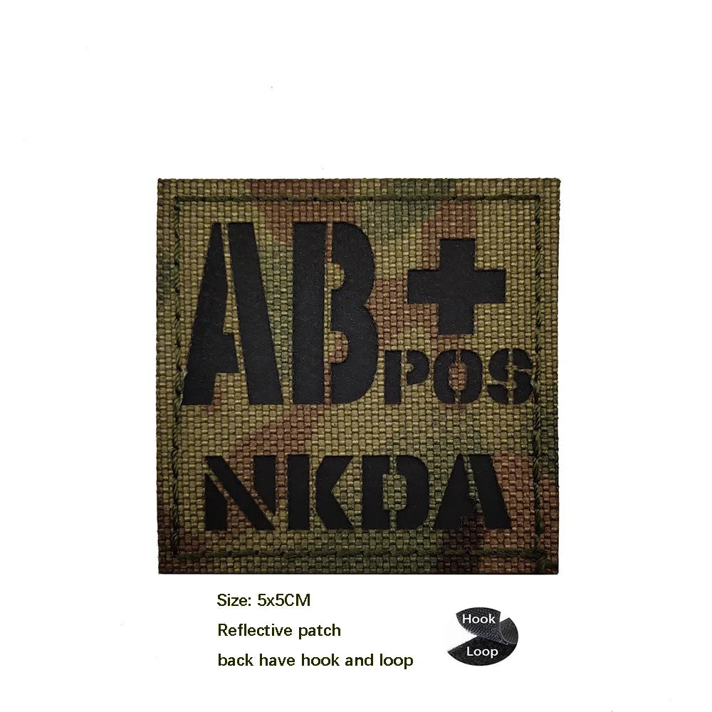 CP Camouflage Laser Cutting Reflective Blood Type Badge, 5 Pieces A Tactical Blood Type Set, Luminous Patch A-NEG Backpack Patch