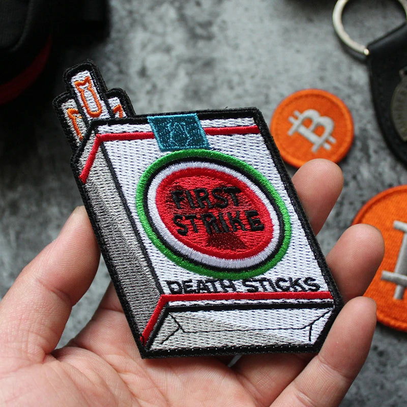 Creative Lighter Cigarette Case Embroidery Patches First Strike Death Sticks Lucky Grass Tactical Badge For Clothes Bag Applique