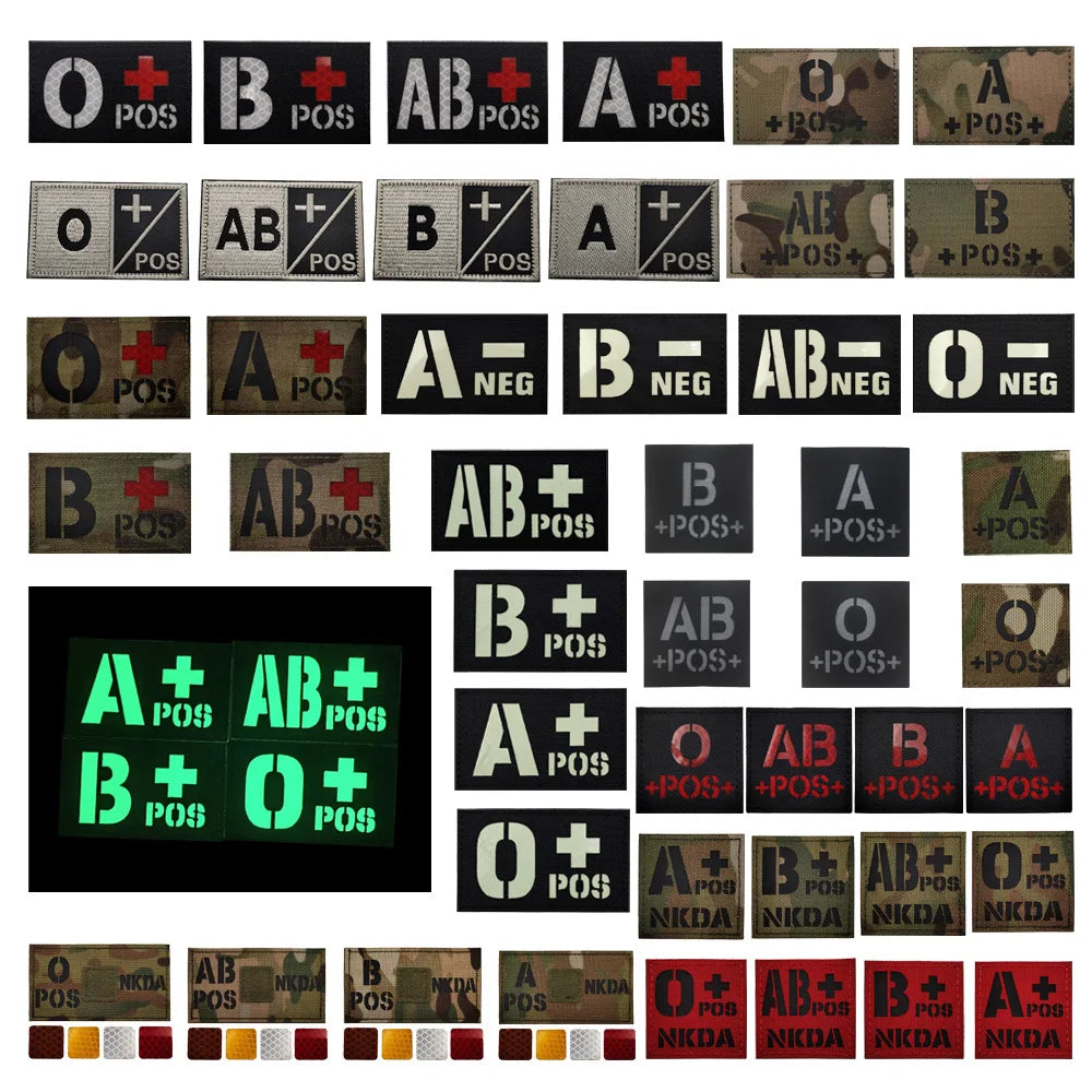 CP Camouflage Laser Cutting Reflective Blood Type Badge, 5 Pieces A Tactical Blood Type Set, Luminous Patch A-NEG Backpack Patch