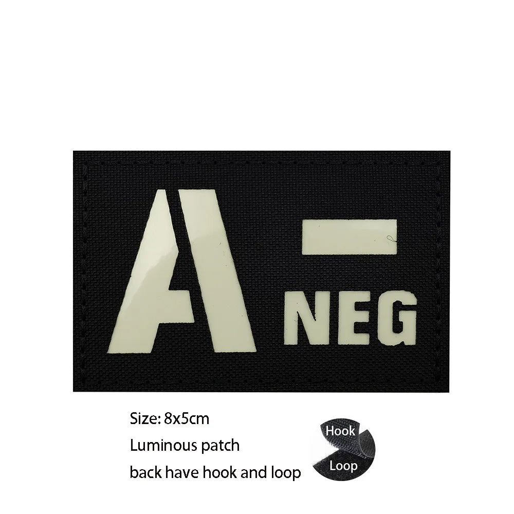 CP Camouflage Laser Cutting Reflective Blood Type Badge, 5 Pieces A Tactical Blood Type Set, Luminous Patch A-NEG Backpack Patch