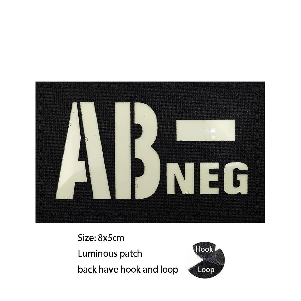 CP Camouflage Laser Cutting Reflective Blood Type Badge, 5 Pieces A Tactical Blood Type Set, Luminous Patch A-NEG Backpack Patch