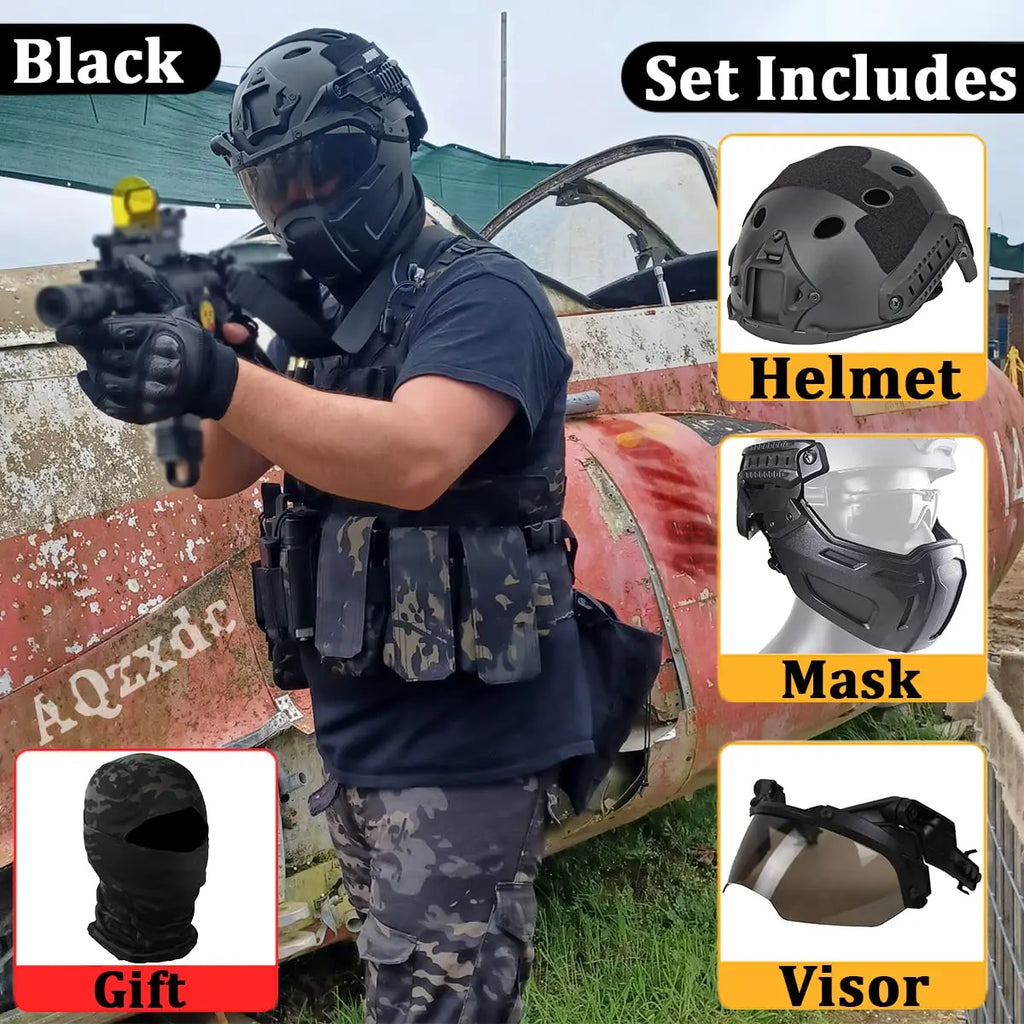 Fast Airsoft Paintball Helmet with Tactical Mask and Visor Set, Army Full Face Shooting Protective Gear, for Sports Hunting Game