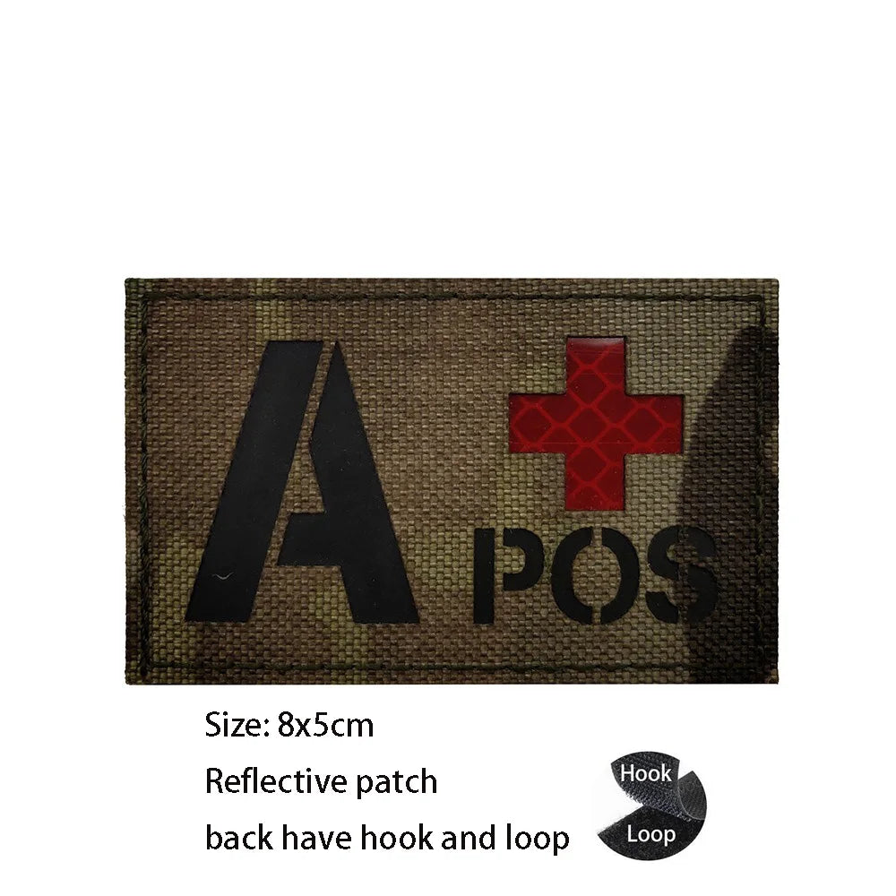 CP Camouflage Laser Cutting Reflective Blood Type Badge, 5 Pieces A Tactical Blood Type Set, Luminous Patch A-NEG Backpack Patch
