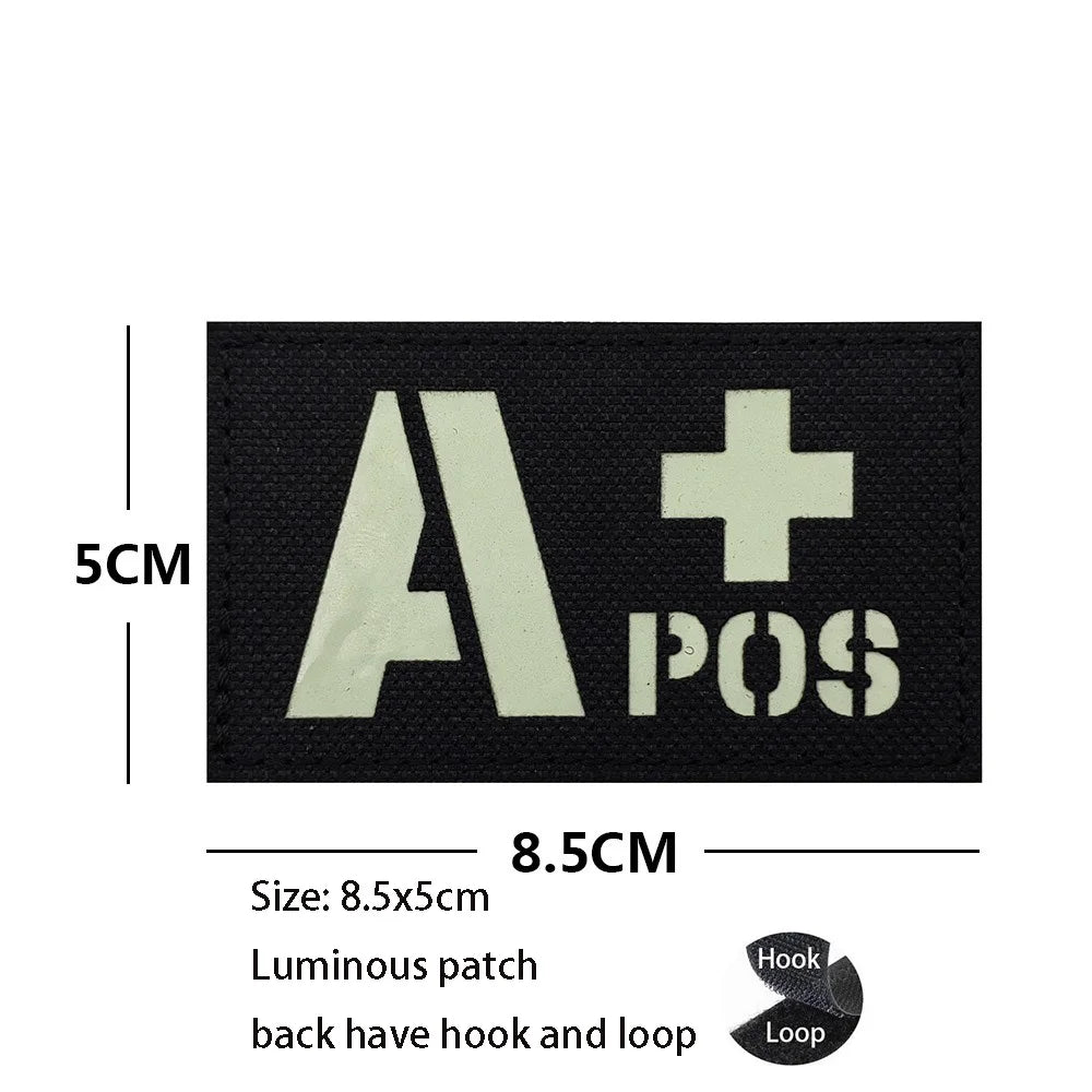CP Camouflage Laser Cutting Reflective Blood Type Badge, 5 Pieces A Tactical Blood Type Set, Luminous Patch A-NEG Backpack Patch